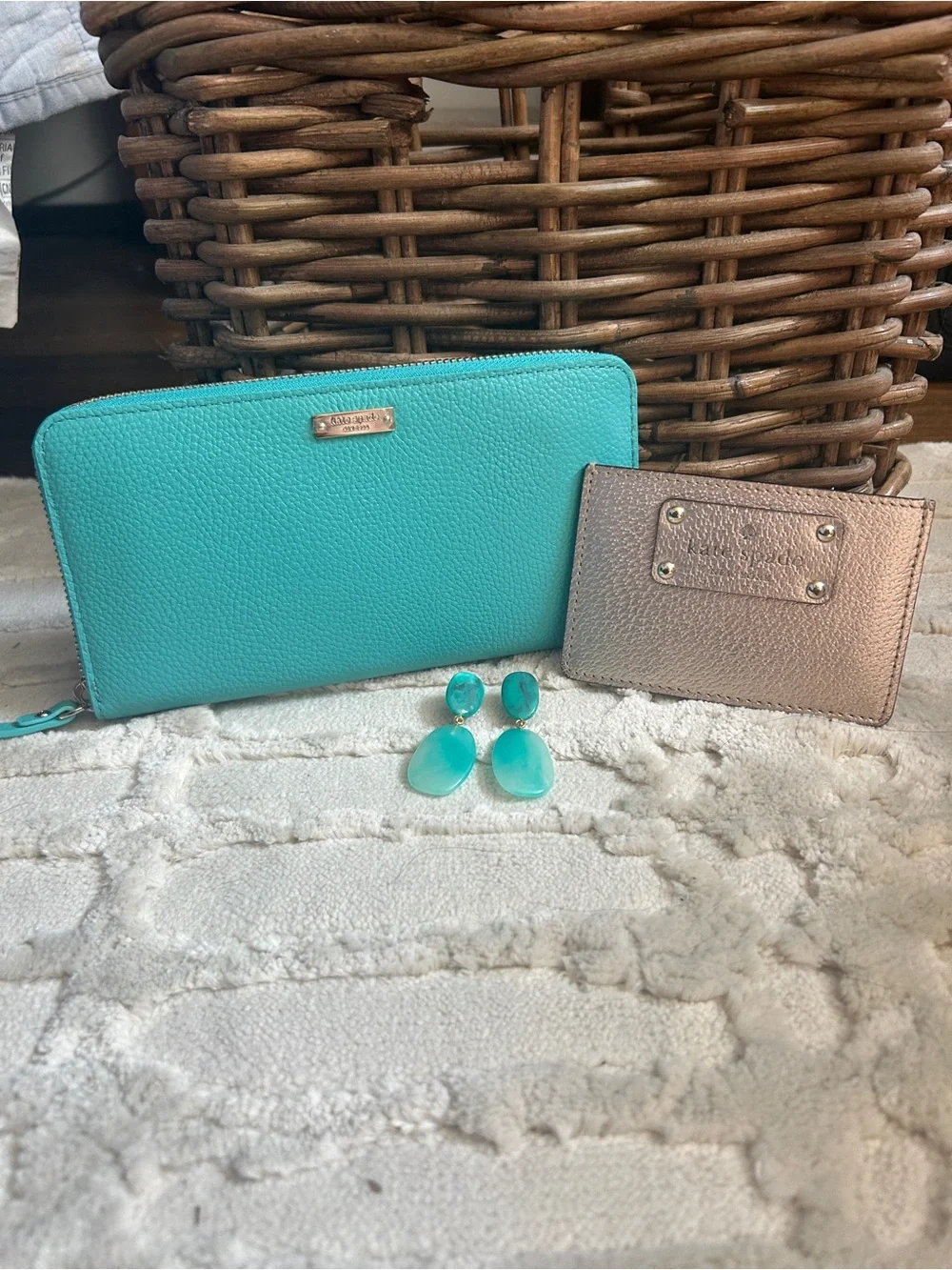 Kate Spade Lacey Teal Zip Wallet Gold Cardholder and j. Crew Turquoise Earrings